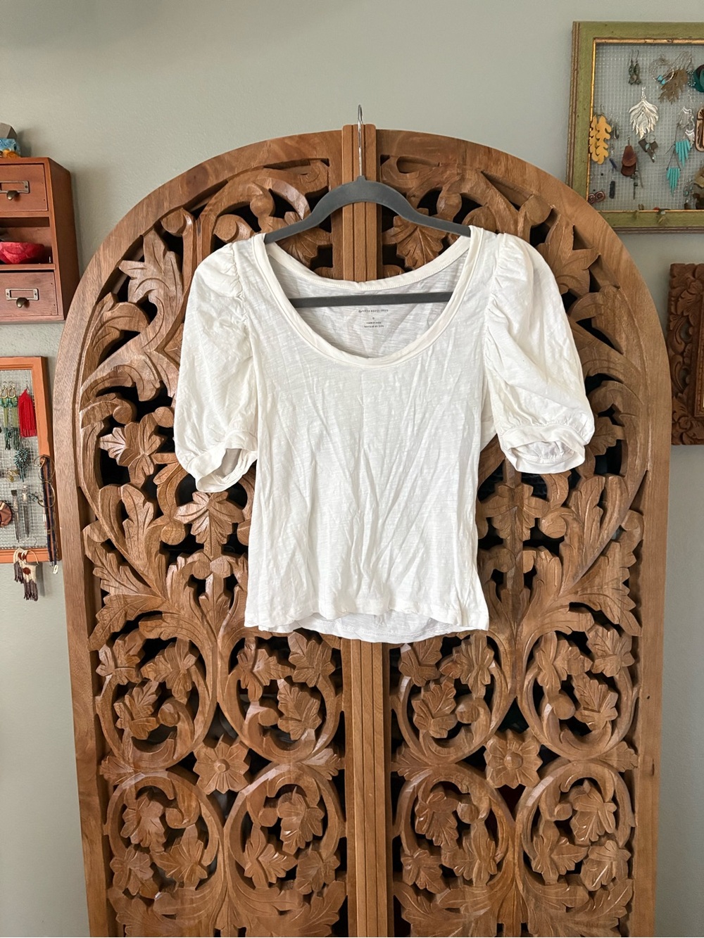 Anthropologie White Scoop-Neck Puff-Sleeve Top